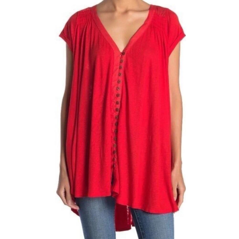 Free People Red Button-Front V-Neck Swing Blouse